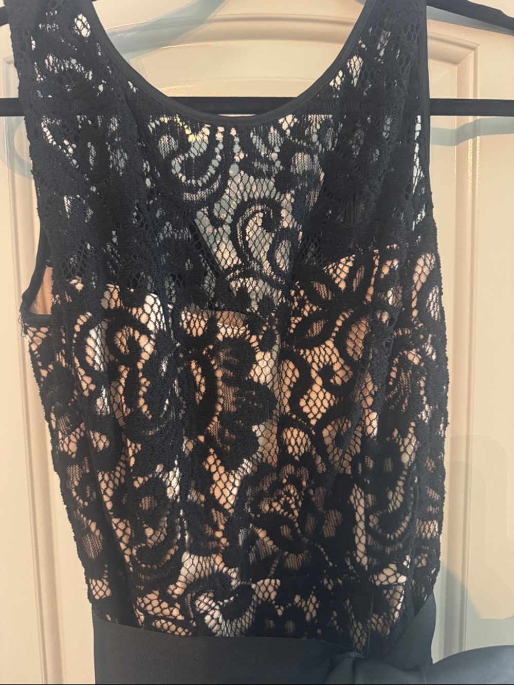 Black Lace Overlay Evening Gown with ribbon Waist Tie - Picture 2 of 4